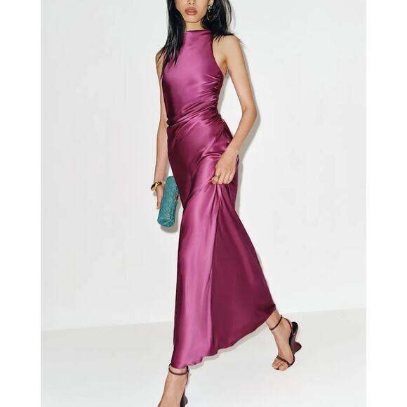 Reformation Dresses & Skirts - Reformation Anaiis Silk Maxi Dress 4 NEW Hibiscus Tea Open Back High Neck NWT